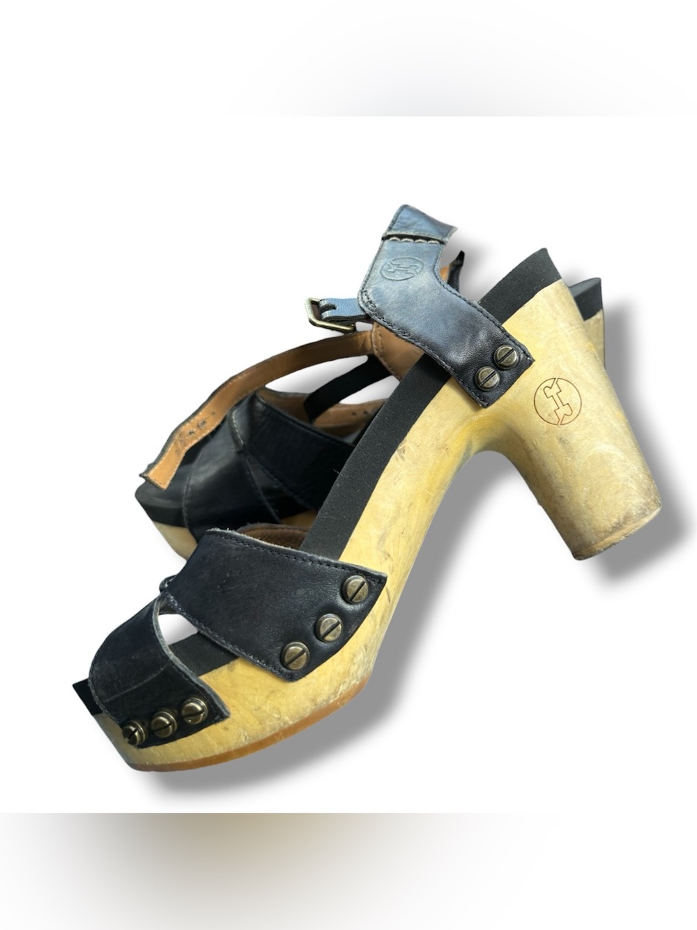 Flogg Heeled Sandals Platform Clog Sandal in Black and Natural Wood Shoes Scandi